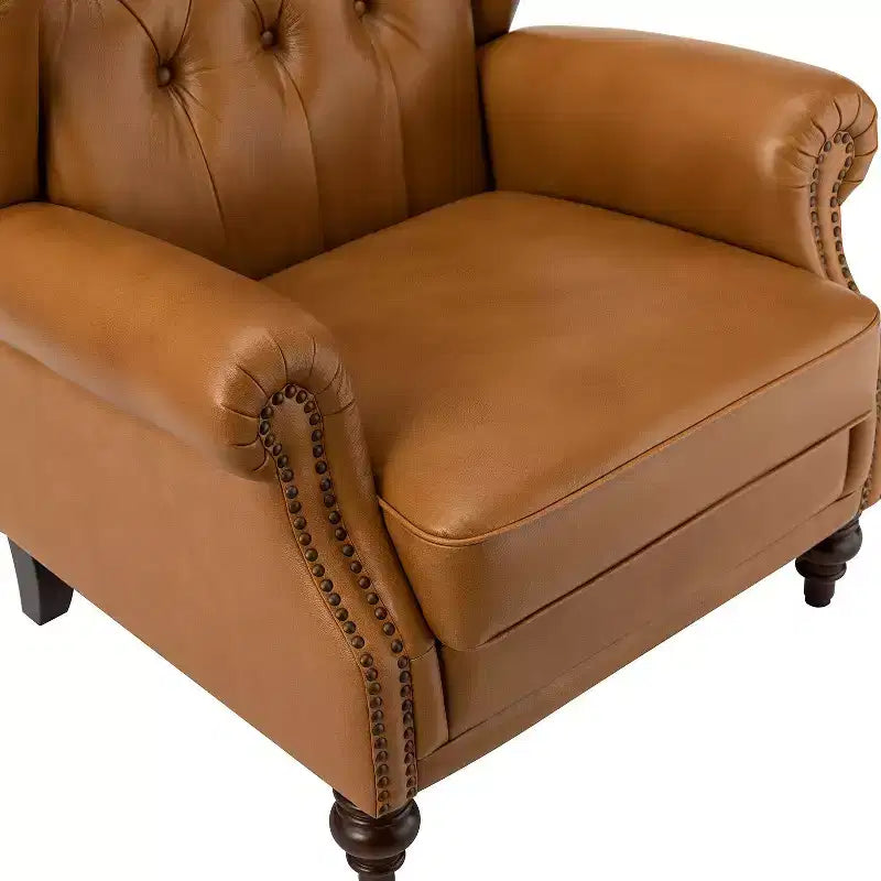 Fauteuil cabriolet en cuir véritable de 84 cm de large avec pieds fuselés en bois et garniture cloutée