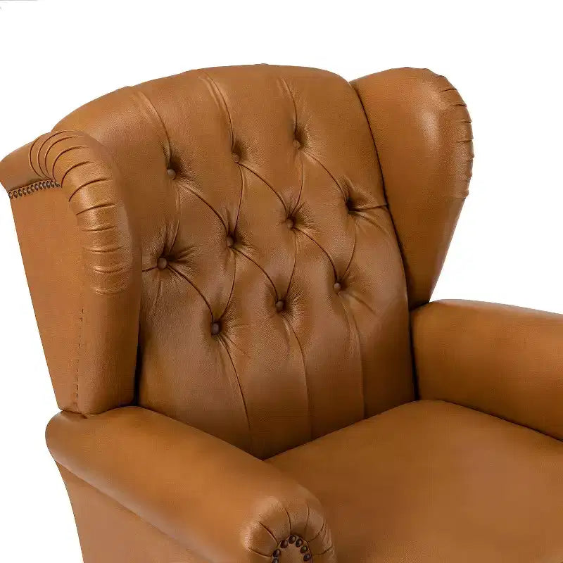 Fauteuil cabriolet en cuir véritable de 84 cm de large avec pieds fuselés en bois et garniture cloutée