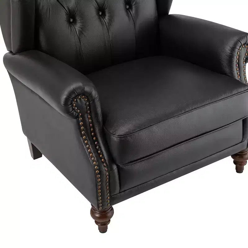 Fauteuil cabriolet en cuir véritable de 84 cm de large avec pieds fuselés en bois et garniture cloutée