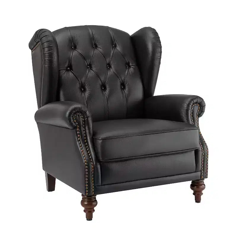 Fauteuil cabriolet en cuir véritable de 84 cm de large avec pieds fuselés en bois et garniture cloutée