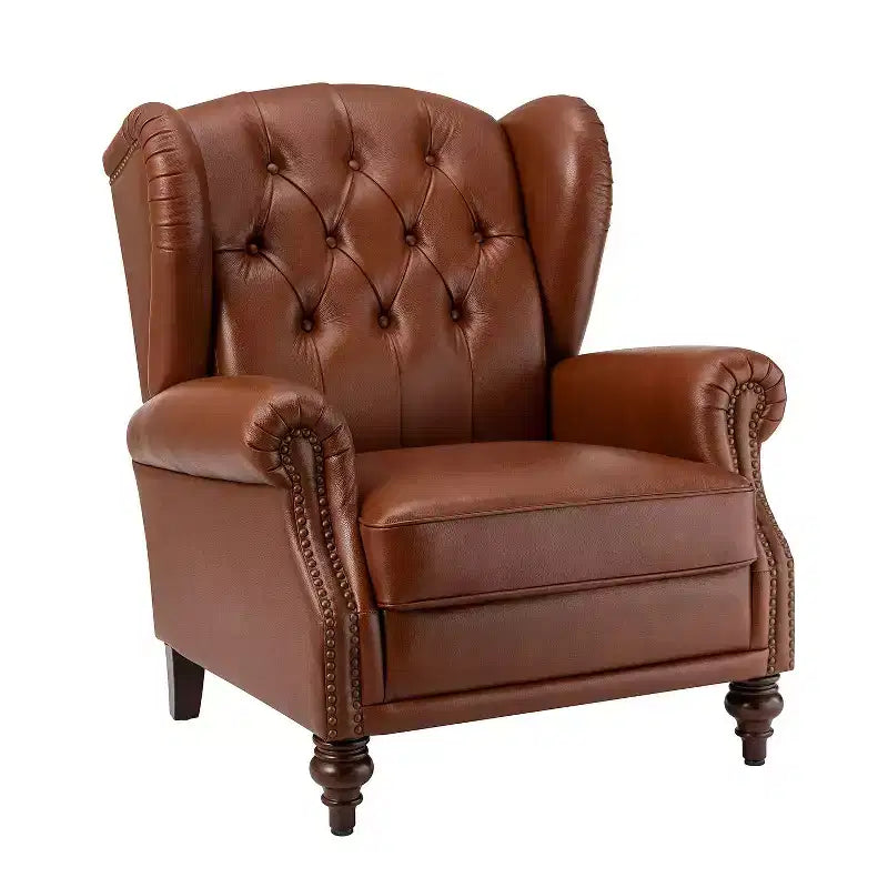 Fauteuil cabriolet en cuir véritable de 84 cm de large avec pieds fuselés en bois et garniture cloutée