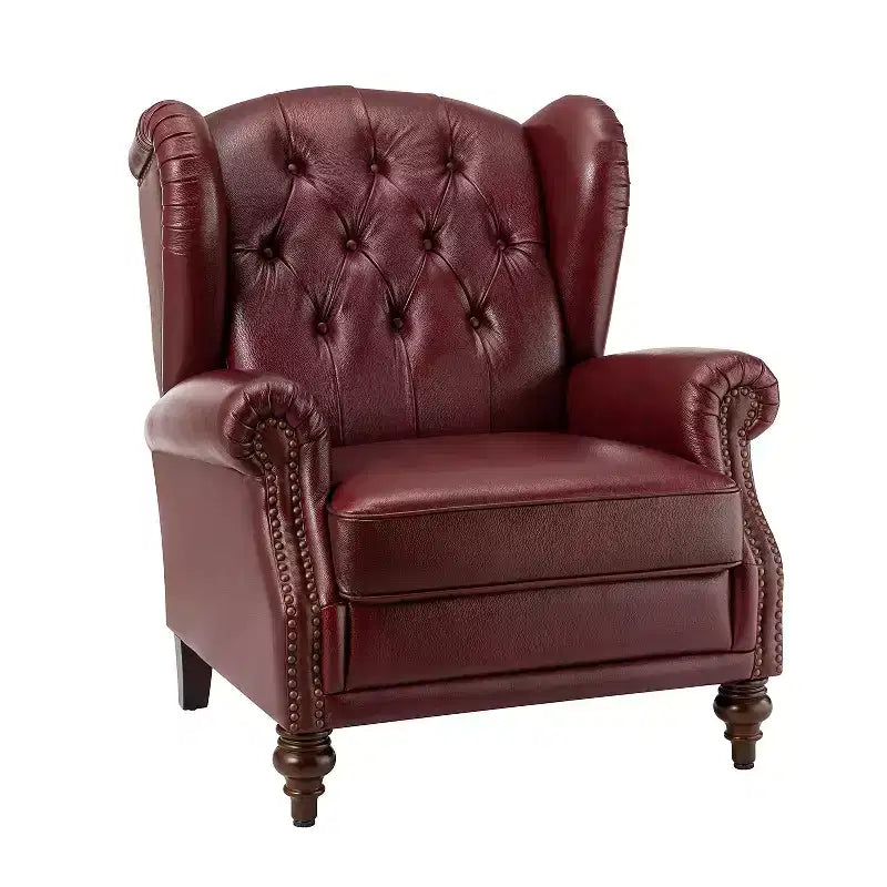 Fauteuil cabriolet en cuir véritable de 84 cm de large avec pieds fuselés en bois et garniture cloutée