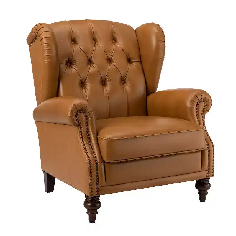 Amanda 33 Wide Genuine Leather Wingback Armchair with Solid Tapered Wood Legs and Nailhead Trim| ART OF LIVING DESIGNS