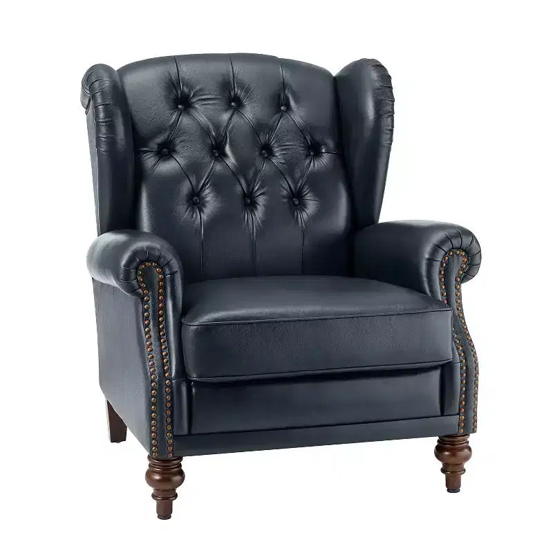Fauteuil cabriolet en cuir véritable de 84 cm de large avec pieds fuselés en bois et garniture cloutée