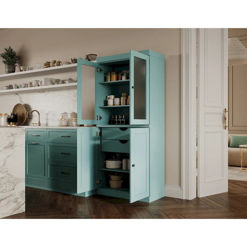 Meuble de rangement en bois massif avec portes en verre dépoli, portes pleines, 2 tiroirs et étagères réglables