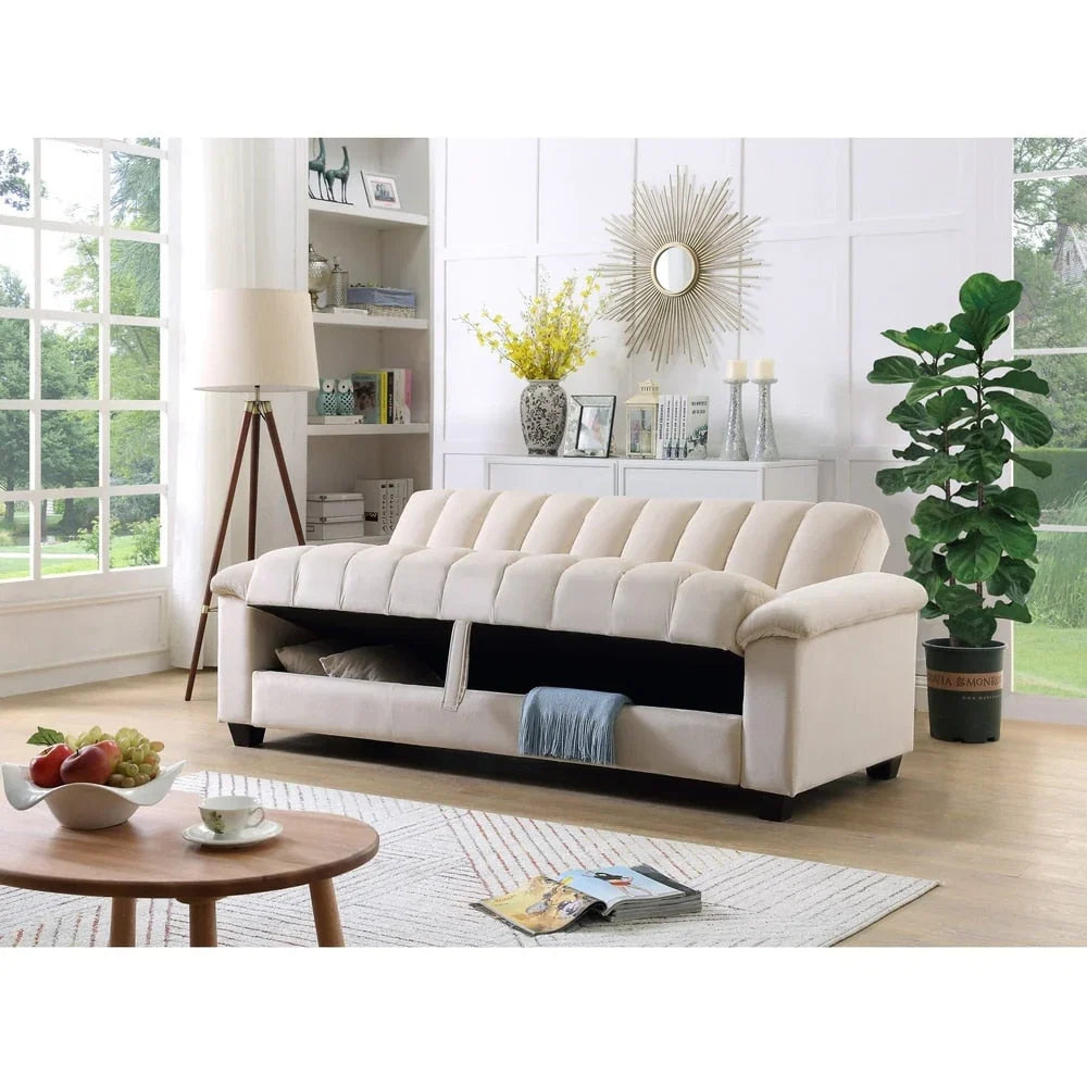 Canapé convertible de salon en tissu matelassé avec dossier cannelé