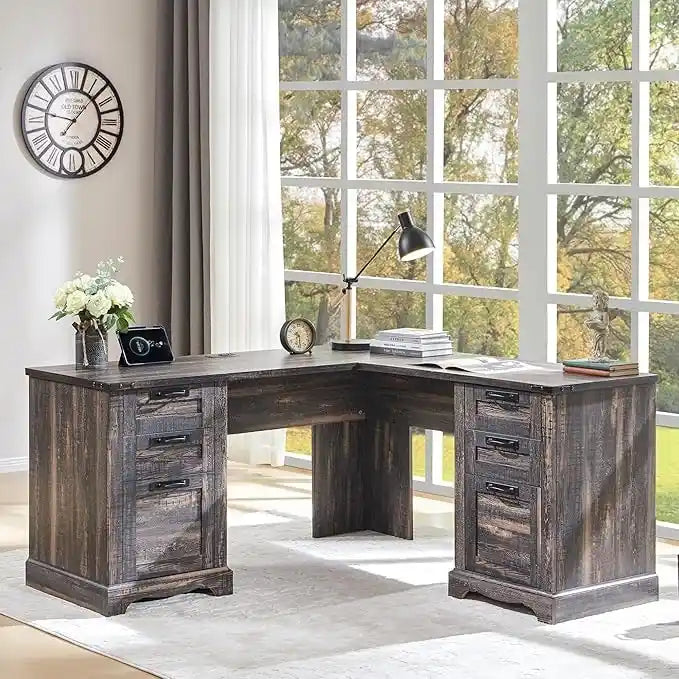 Bureau d'angle exécutif en forme de L 60 Farmhouse, bureau d'angle en bois, bureau d'ordinateur