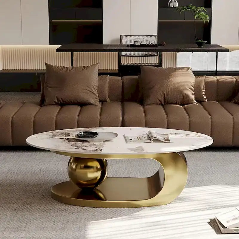 Table basse ovale moderne Pandora 51 avec plateau en pierre frittée brillante, table basse de luxe, pieds en acier inoxydable pour salon