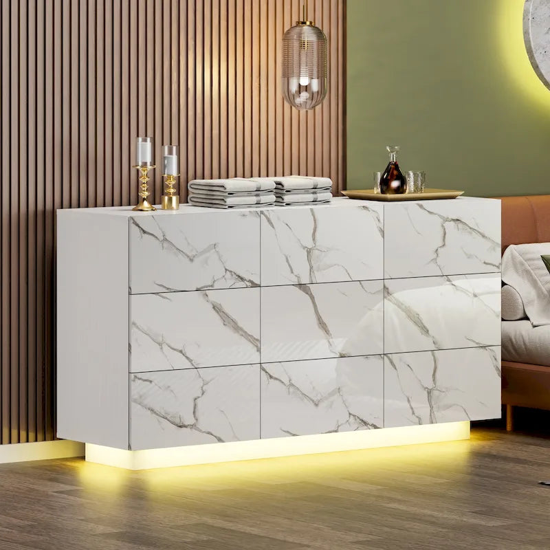 Commode à 9 tiroirs Tour de rangement pour chambre à coucher avec lumière