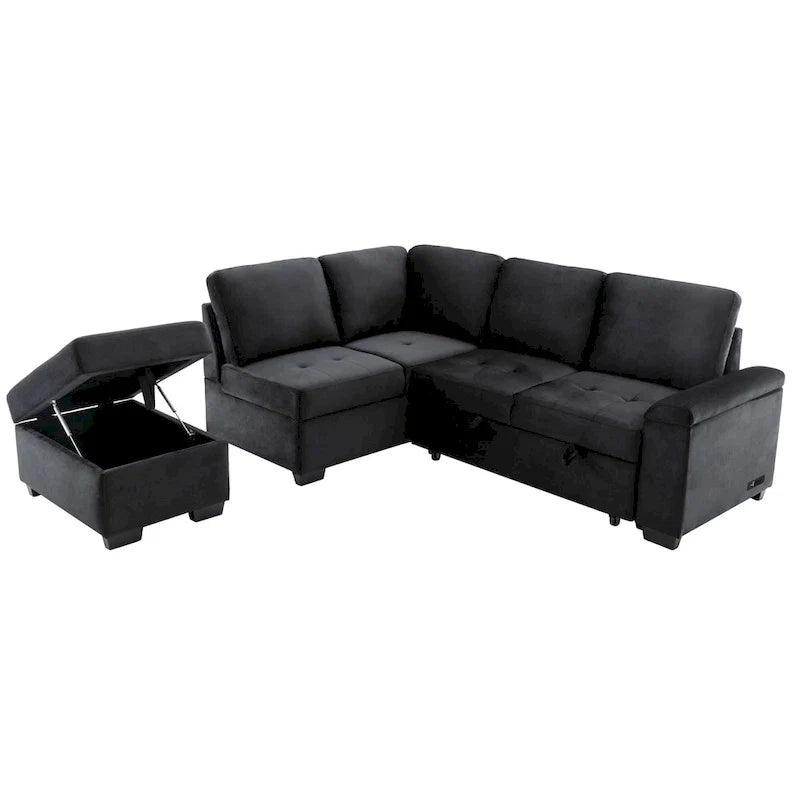 Canapé d'angle convertible 5 places en L 84,75 po avec pouf de rangement, rangement de bras dissimulé et chargement USB pour salon
