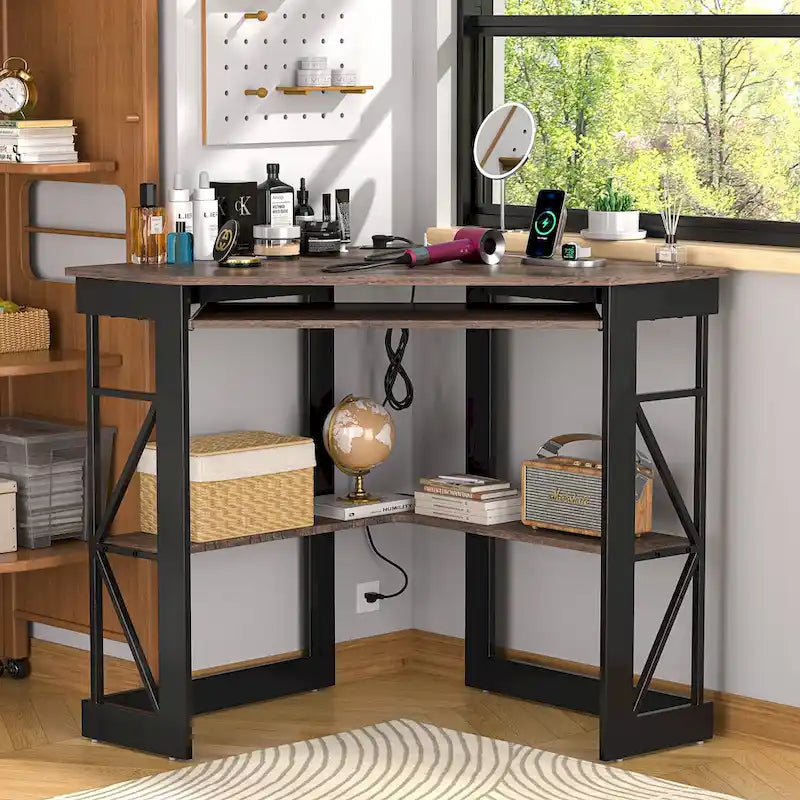 Bureau d'Angle Petit Bureau avec Prises, Table d'Angle pour Petit Espace, Bureau d'Ordinateur avec Ports USB, Bureau Triangle avec Rangement
