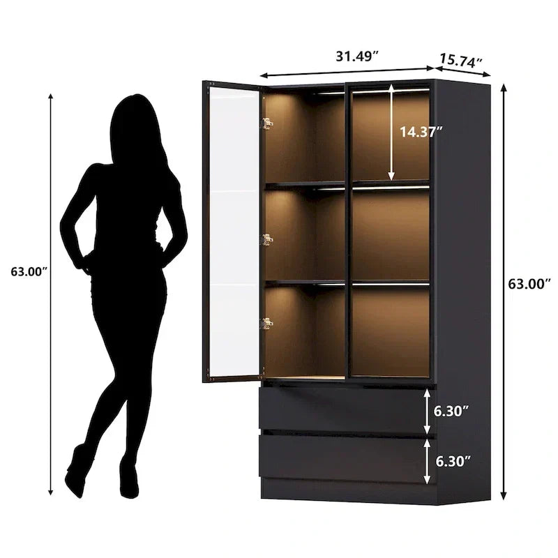 Vitrine de rangement, vitrine avec portes en verre trempé, vitrine avec 4 étagères de rangement