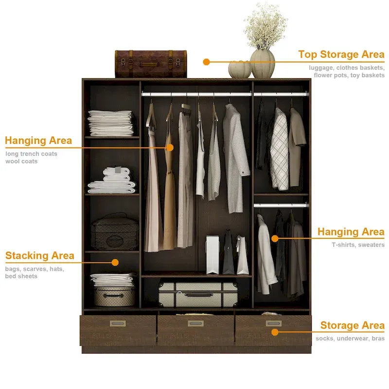 Armoire-penderie marron avec tiroirs, tringle et 4 portes coulissantes