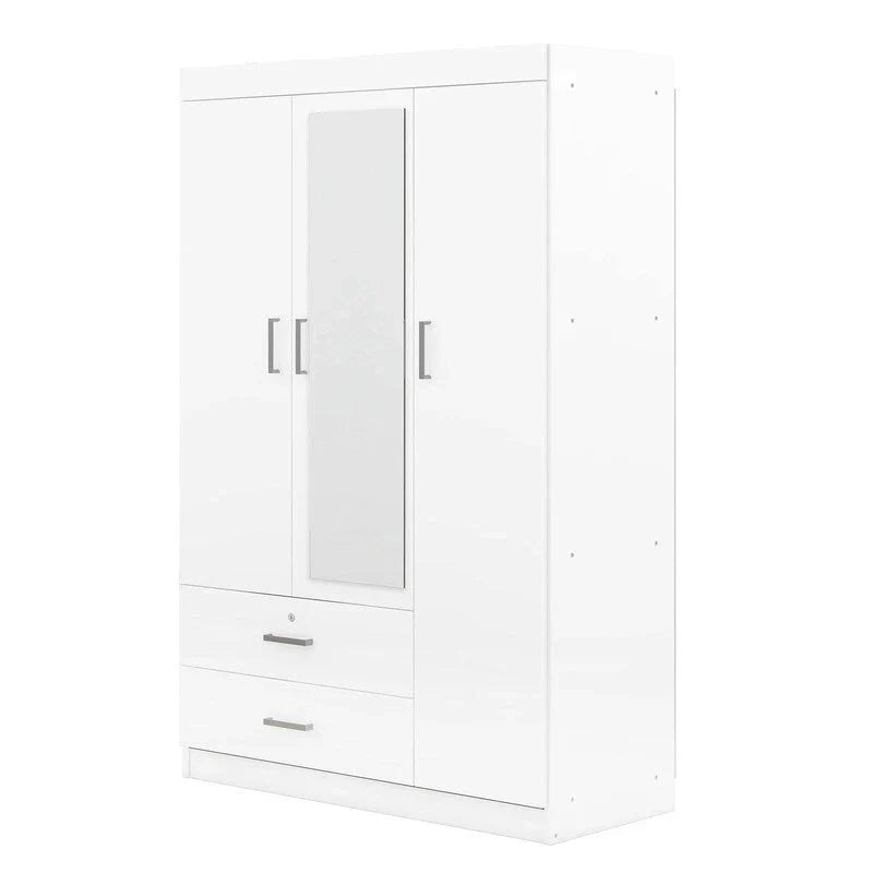 Armoire penderie 3 portes avec miroirs, étagères et 2 tiroirs