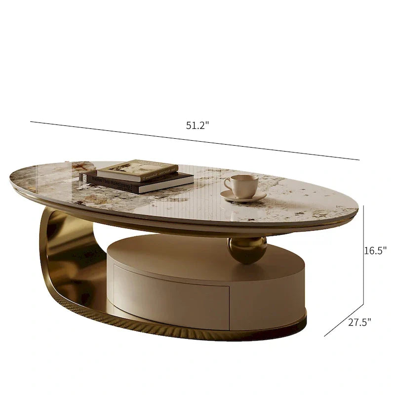 Table basse ovale moderne Pandora 51 avec plateau en pierre frittée brillante, table basse de luxe, pieds en acier inoxydable pour salon