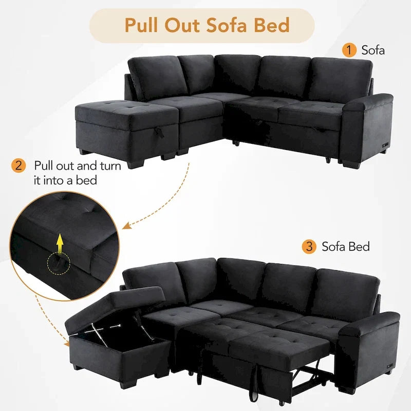 Canapé d'angle convertible 5 places en L 84,75 po avec pouf de rangement, rangement de bras dissimulé et chargement USB pour salon