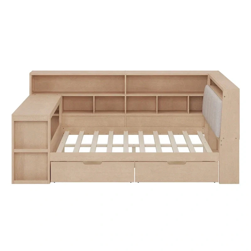 Canapé-lit d'angle en bois en forme de L avec bureau, bibliothèque, lit d'angle avec tiroirs de rangement, tête de lit rembourrée et éclairage intégré