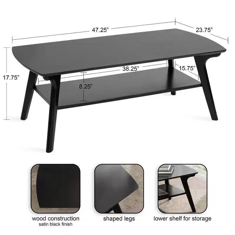 Table basse rectangulaire, 122 x 61 x 46 cm, noire
