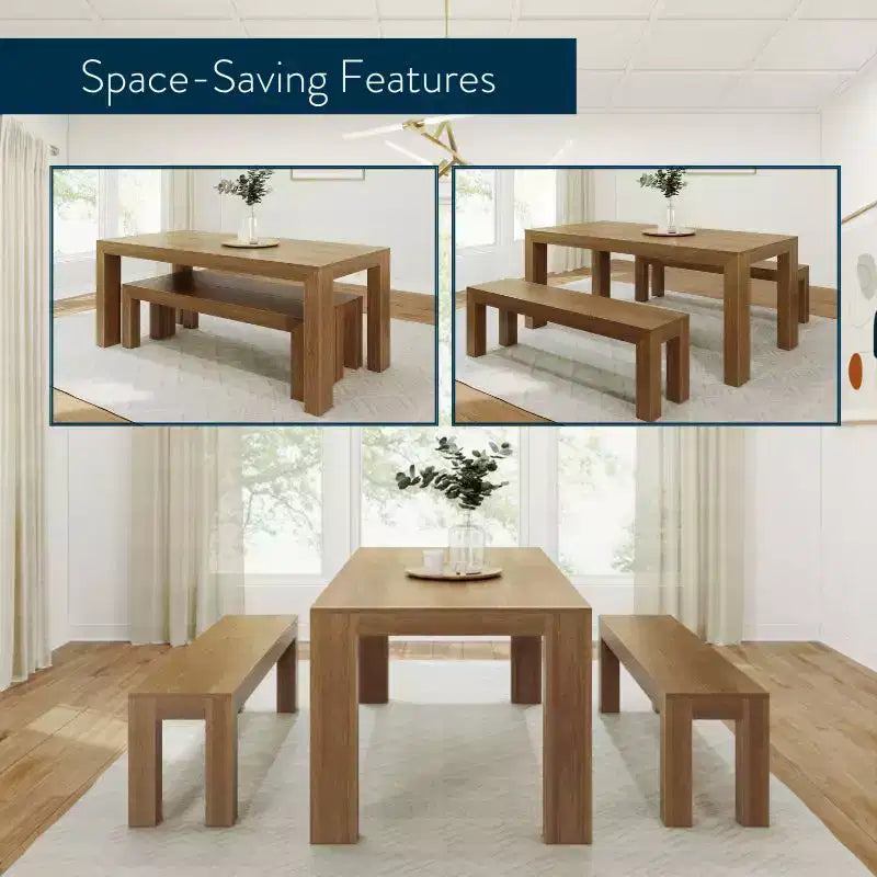 Table à manger en bois massif avec bancs, 6 places
