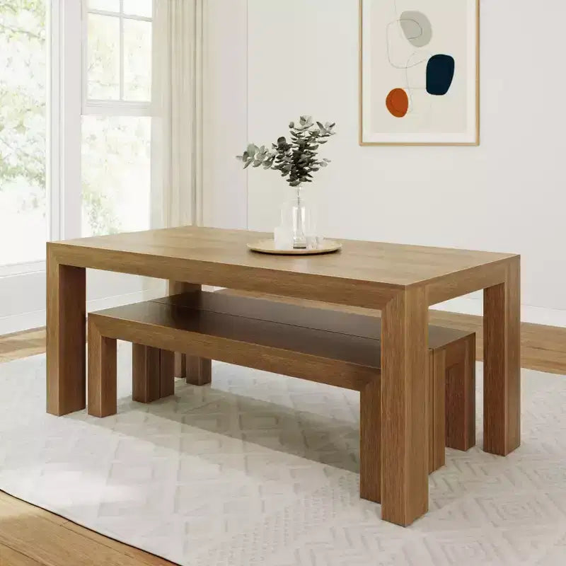 Table à manger en bois massif avec bancs, 6 places