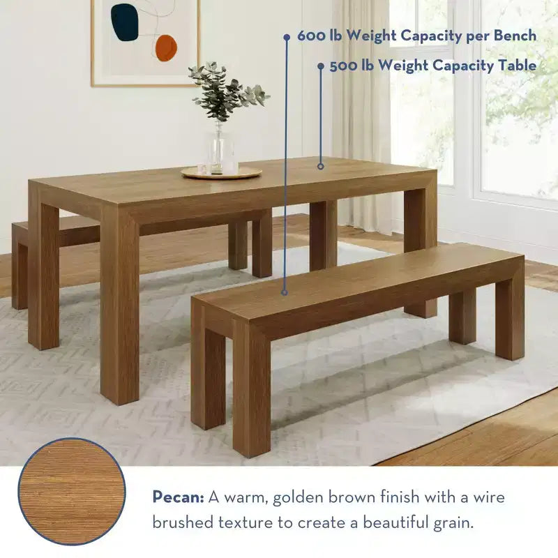 Table à manger en bois massif avec bancs, 6 places