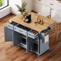 54 Grand îlot de cuisine avec plateau rabattable en bois d'hévéa, chariot de cuisine roulant à texture gaufrée sur 4 roues avec 4 portes et 3 tiroirs