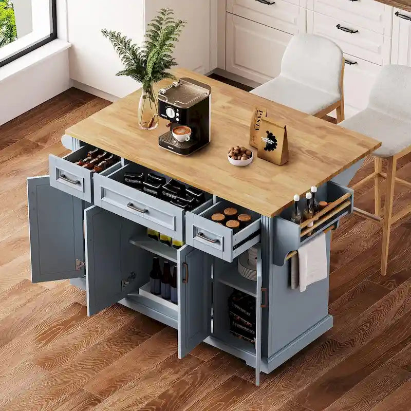 54 Grand îlot de cuisine avec plateau rabattable en bois d'hévéa, chariot de cuisine roulant à texture gaufrée sur 4 roues avec 4 portes et 3 tiroirs