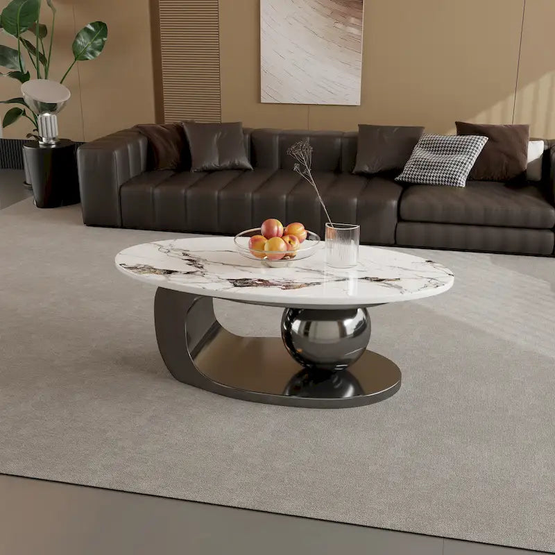 Table basse ovale moderne Pandora 51 avec plateau en pierre frittée brillante, table basse de luxe, pieds en acier inoxydable pour salon