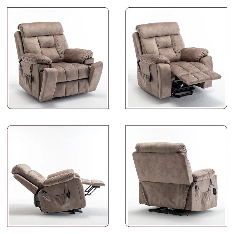Grand fauteuil inclinable de massage électrique avec fonction de levage, chauffage et porte-gobelet dissimulé