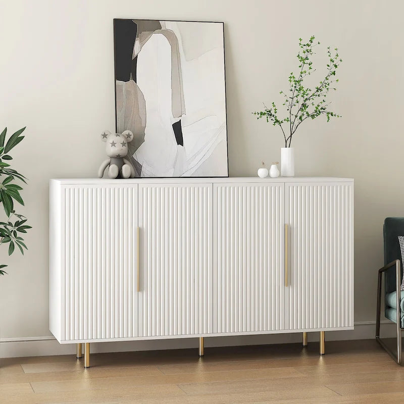 Bahut avec portes décoratives cannelées, buffet en bois avec poignées métalliques, meuble de rangement avec étagères réglables