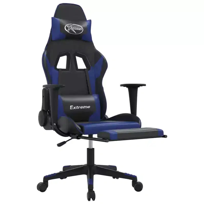 Fauteuil de jeu réglable avec repose-pieds et fonction massage, similicuir noir et bleu