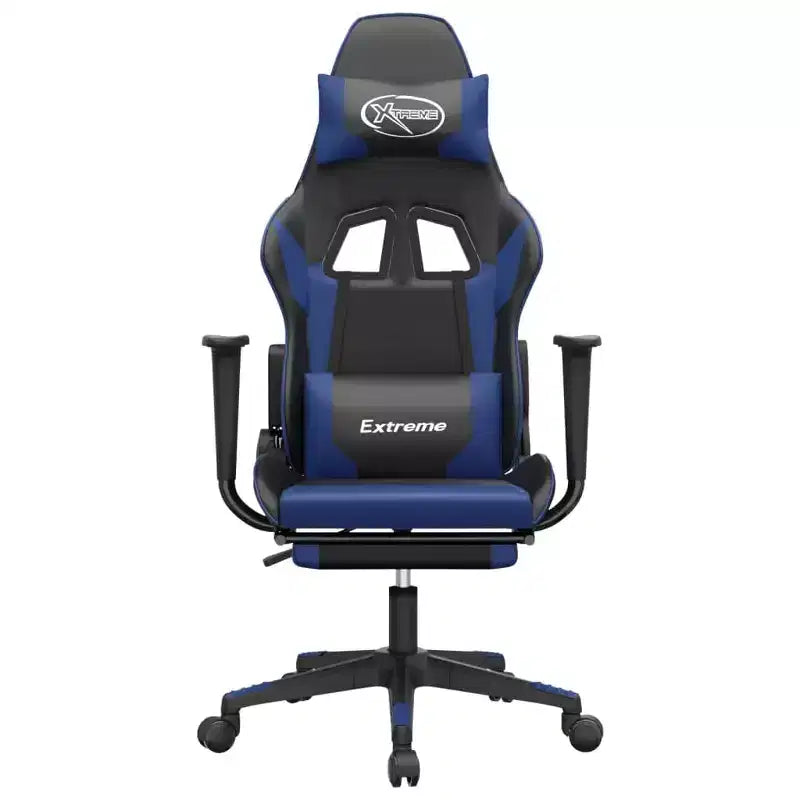 Fauteuil de jeu réglable avec repose-pieds et fonction massage, similicuir noir et bleu