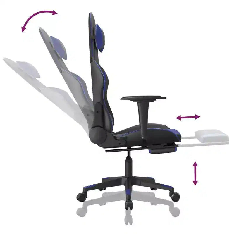 Fauteuil de jeu réglable avec repose-pieds et fonction massage, similicuir noir et bleu