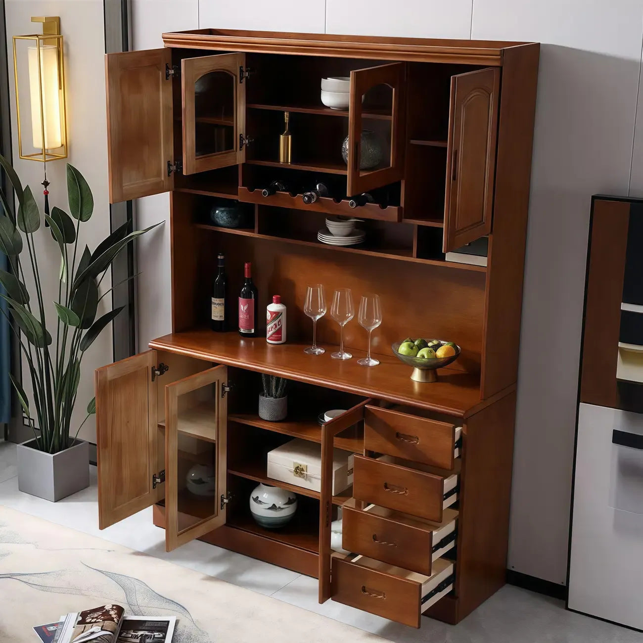 Buffet de cuisine en bois blanc avec casier à vin intégré