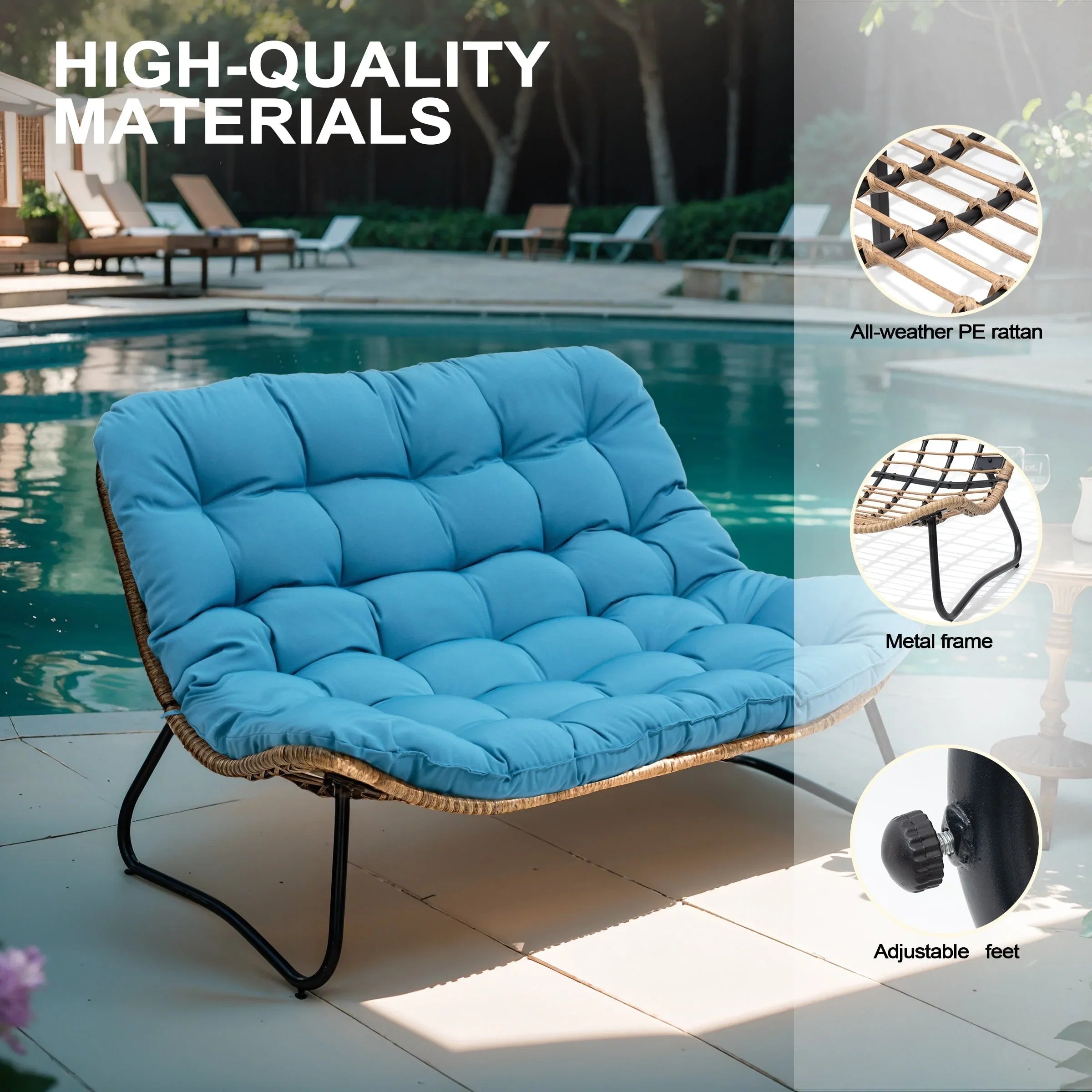 Causeuse double Papasan avec coussin, rotin PE tout temps et cadre en métal pour l'intérieur et l'extérieur