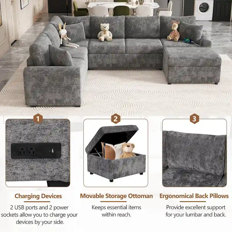 Canapé d'angle en chenille convertible, canapé-lit en forme de L avec pouf de rangement, 3 oreillers et dispositifs de charge