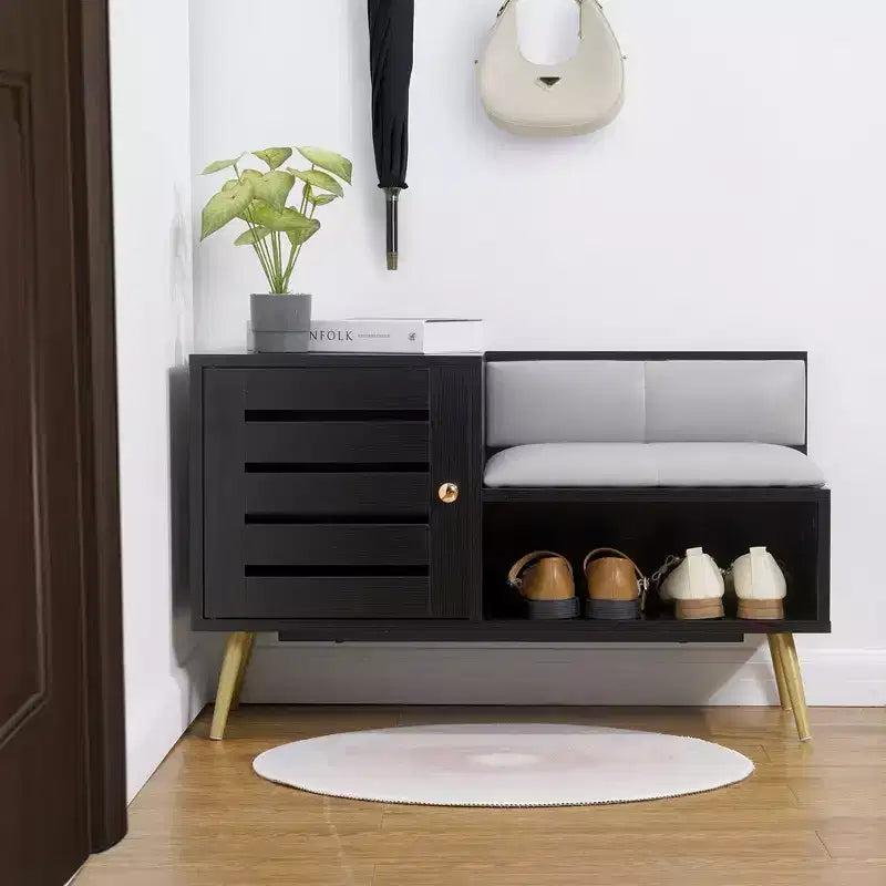 VECELO Shoe Bench with Storage for Entryway Removable Padded Cushion, Lourvered Door