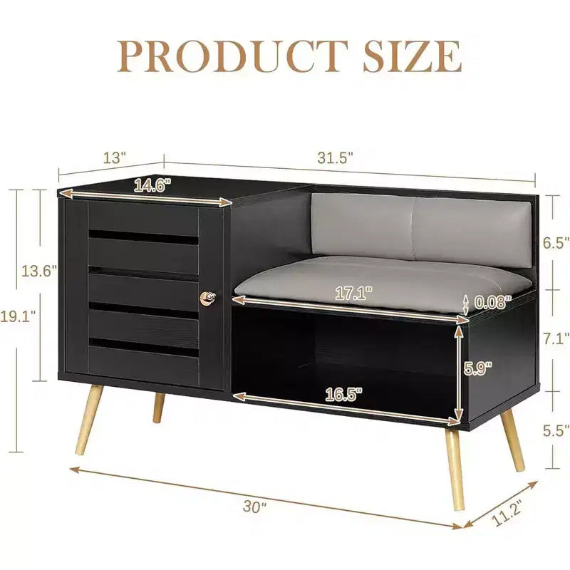 Banc à chaussures avec rangement pour entrée, coussin rembourré amovible, porte persiennée