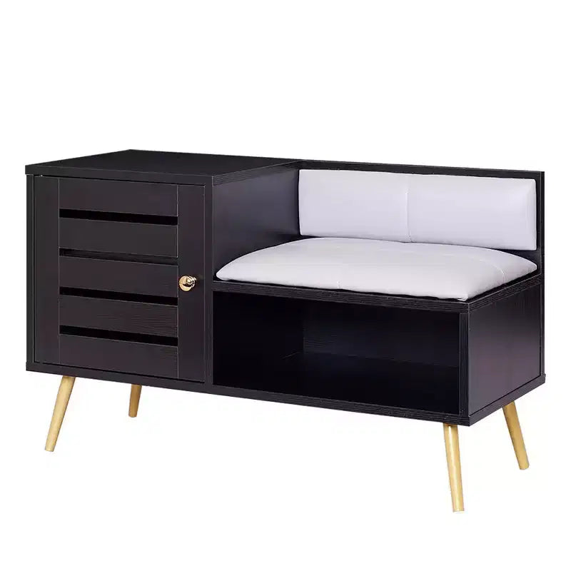 Banc à chaussures avec rangement pour entrée, coussin rembourré amovible, porte persiennée