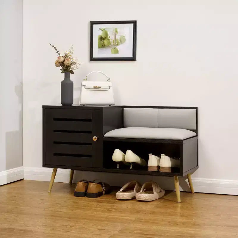 Banc à chaussures avec rangement pour entrée, coussin rembourré amovible, porte persiennée