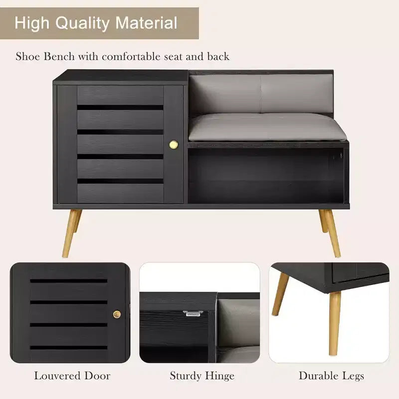 Banc à chaussures avec rangement pour entrée, coussin rembourré amovible, porte persiennée