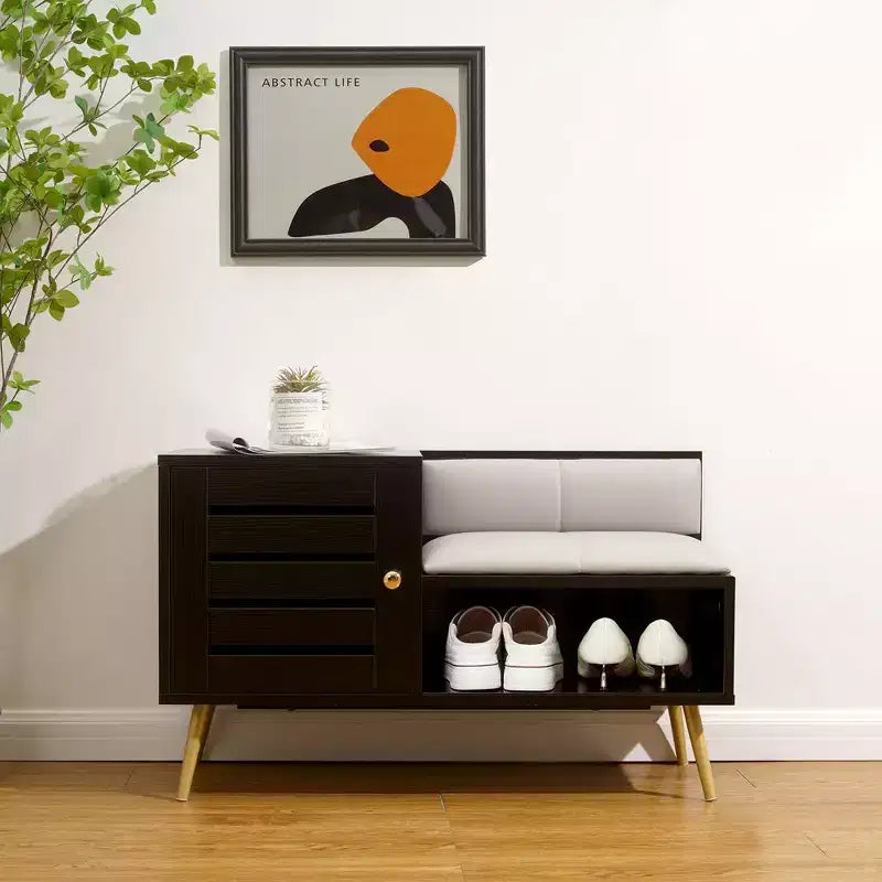 Banc à chaussures avec rangement pour entrée, coussin rembourré amovible, porte persiennée
