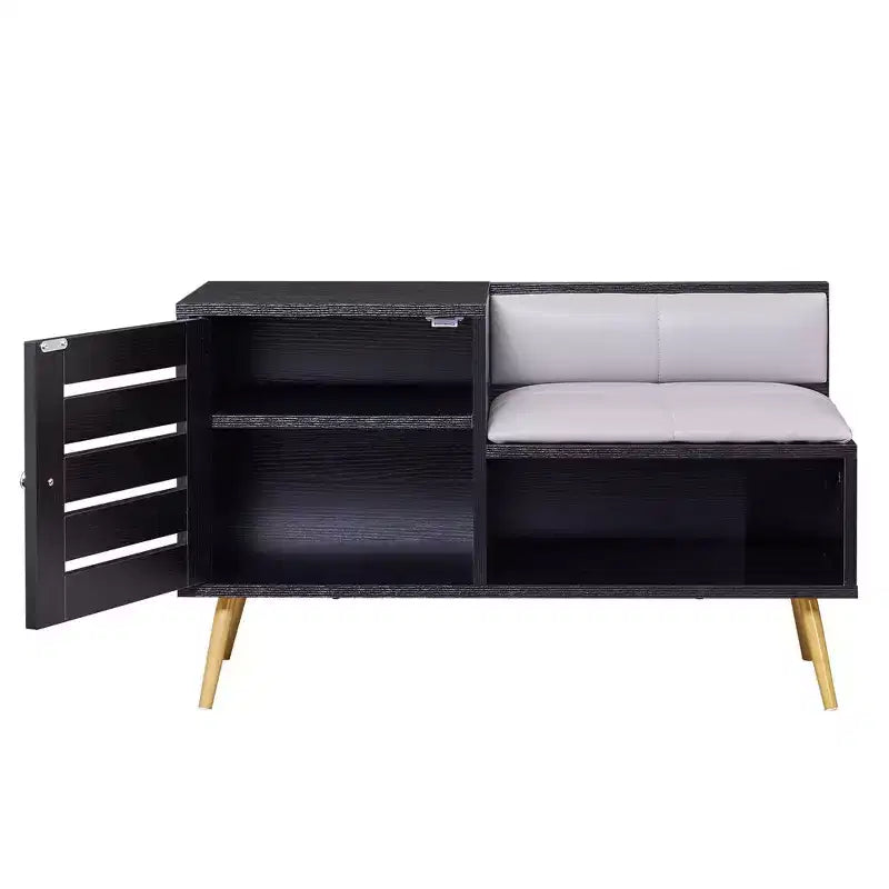 Banc à chaussures avec rangement pour entrée, coussin rembourré amovible, porte persiennée