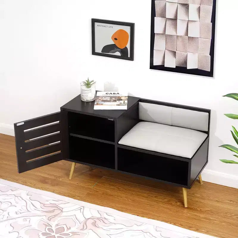 Banc à chaussures avec rangement pour entrée, coussin rembourré amovible, porte persiennée