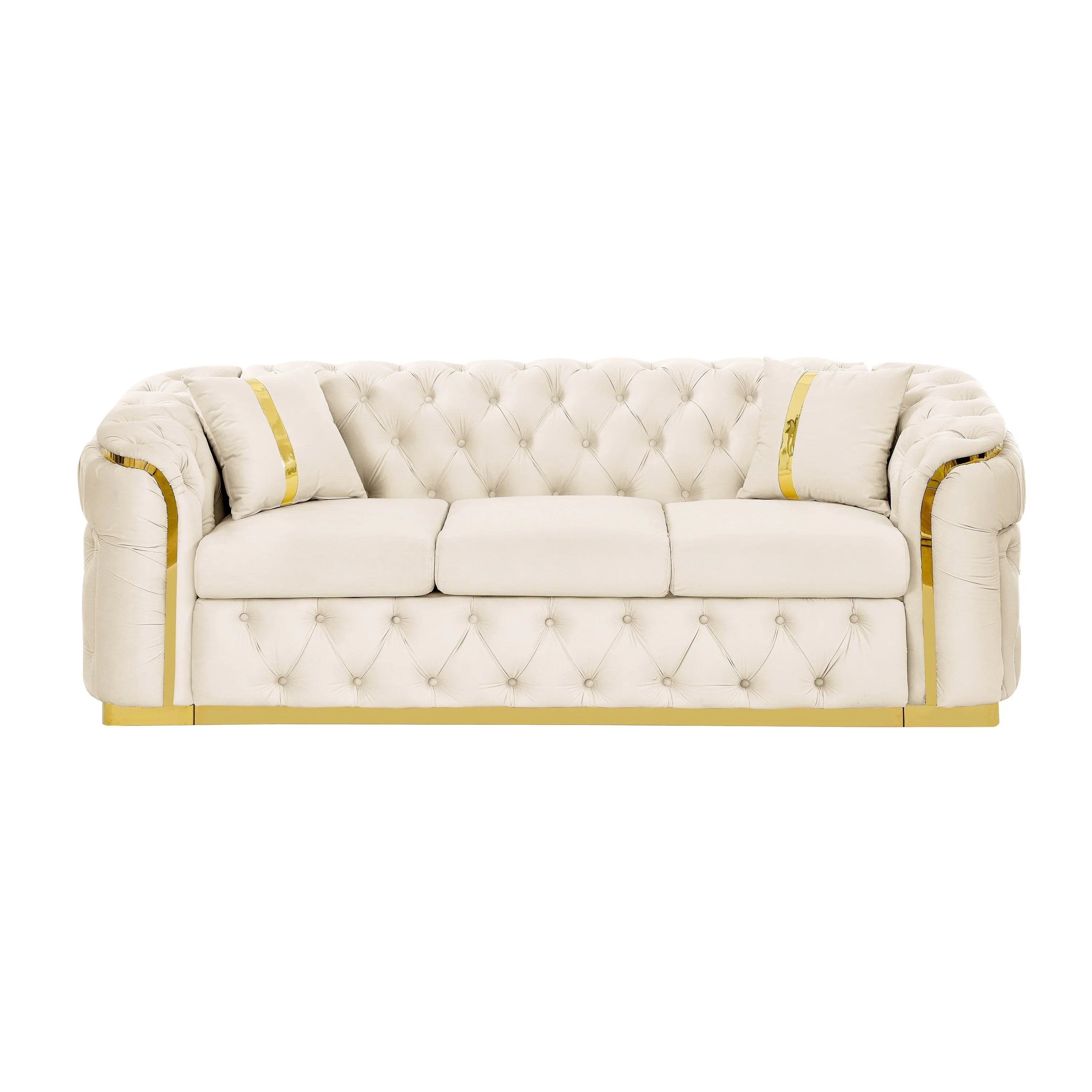 Canapé 3 places Velvet 90,6 po avec 2 oreillers, coussins haute densité, accents dorés et oreillers