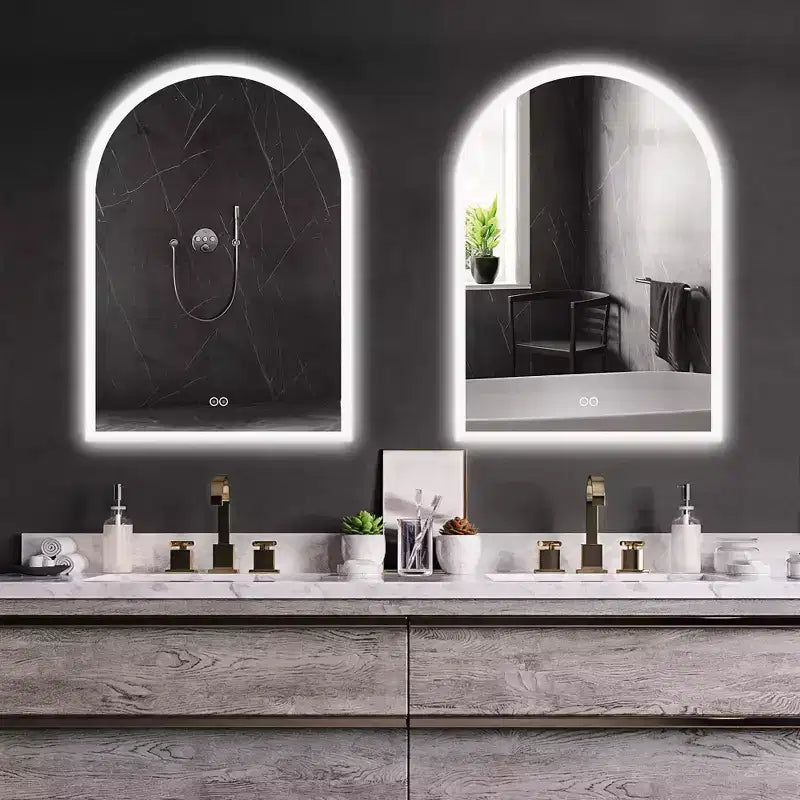 Miroir de vanité de salle de bain arqué avec lumière LED et fonction désembuage, 24"x36"
