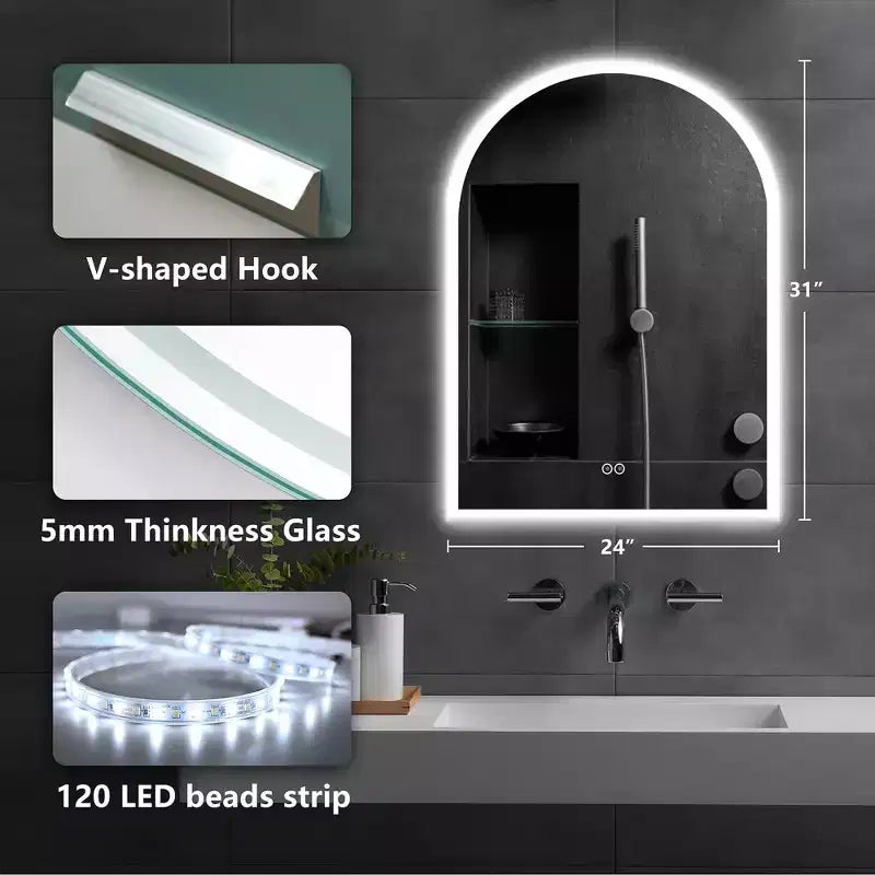 Miroir de vanité de salle de bain arqué avec lumière LED et fonction désembuage, 24"x36"