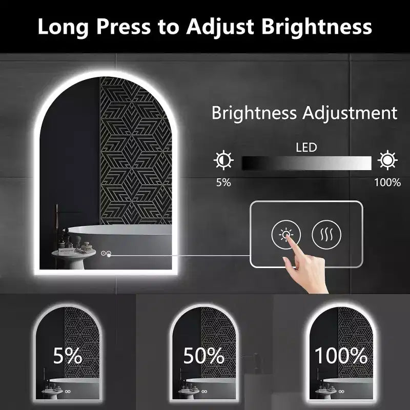 Miroir de vanité de salle de bain arqué avec lumière LED et fonction désembuage, 24"x36"