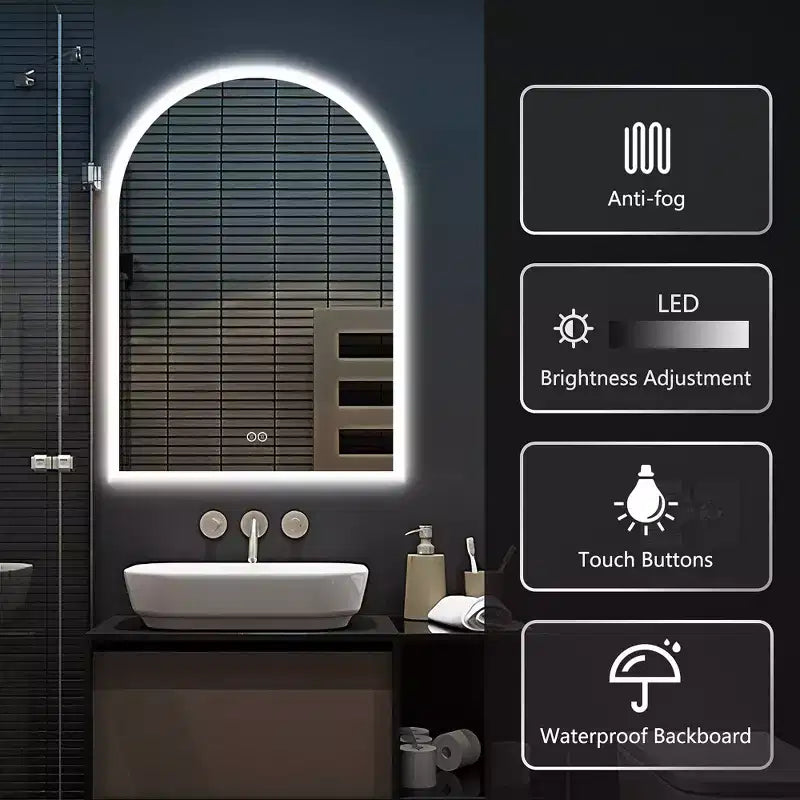 Miroir de vanité de salle de bain arqué avec lumière LED et fonction désembuage, 24"x36"