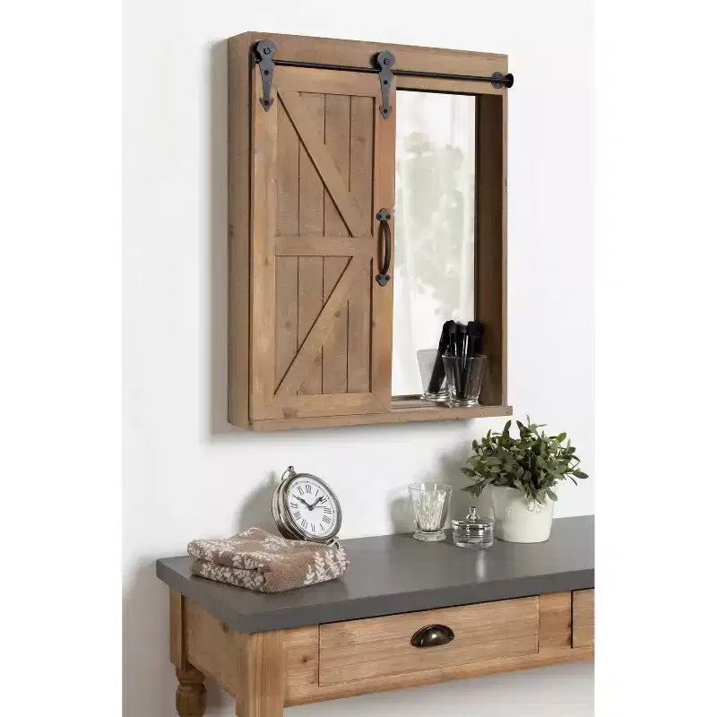 Armoire murale décorative en bois avec miroir de courtoisie et porte coulissante style grange, rustique